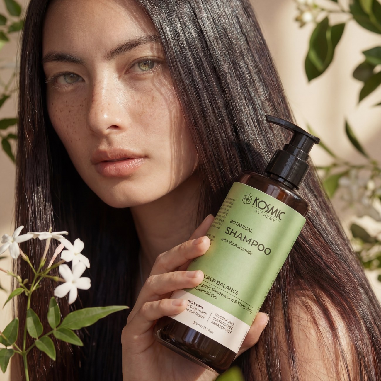 Model holding bottle of shampoo